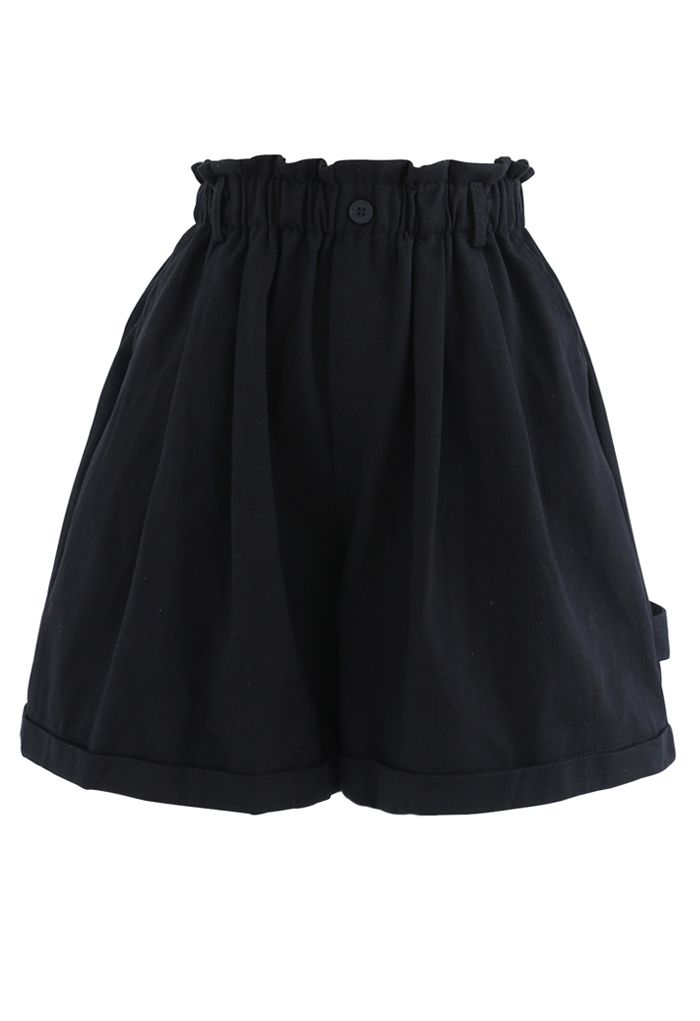 Roll Hem Paper-Bag Waist Denim Shorts in Black