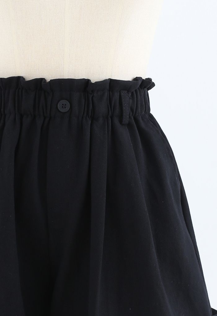 Roll Hem Paper-Bag Waist Denim Shorts in Black