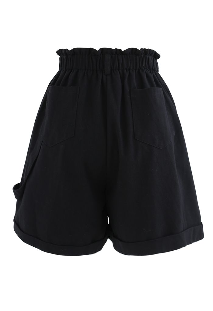 Roll Hem Paper-Bag Waist Denim Shorts in Black