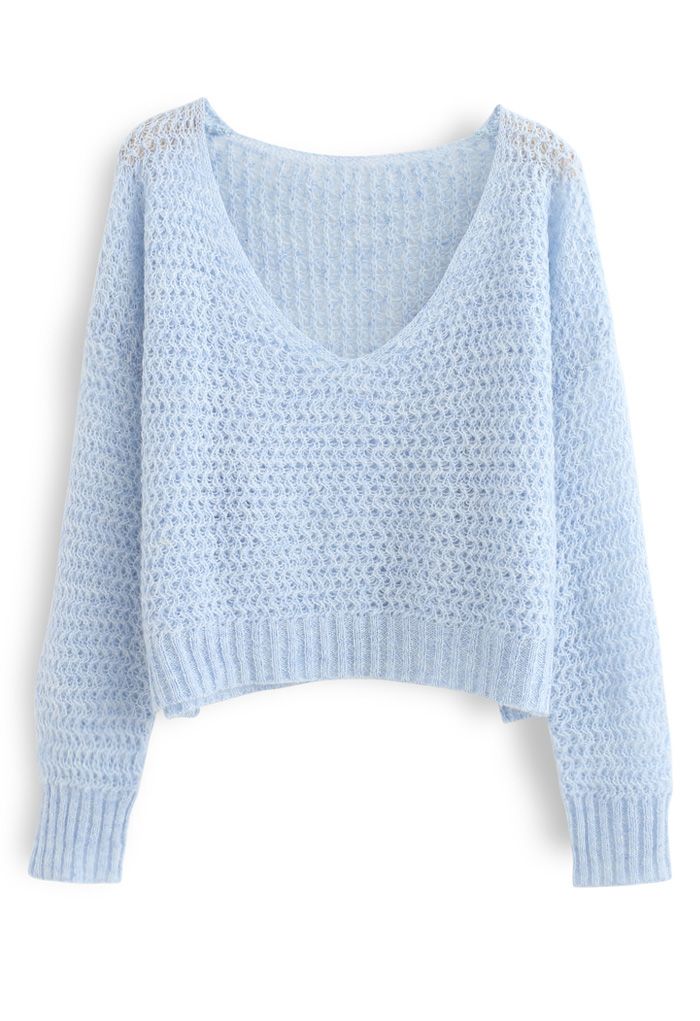 Fluffy Knit Hollow Out Crop Sweater in Blue