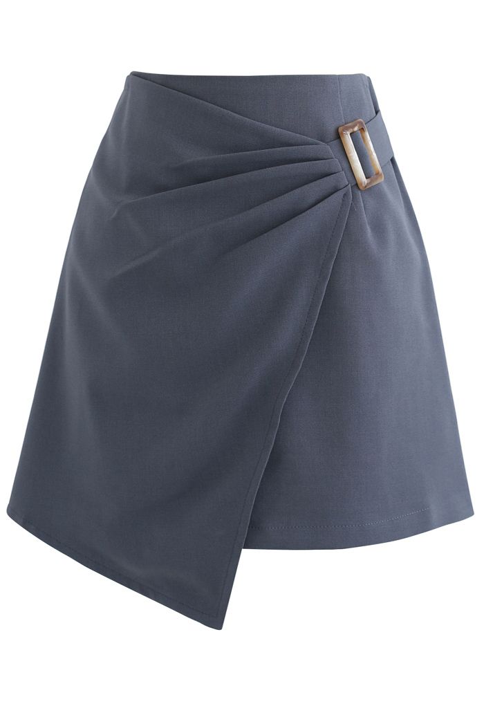 Side Ruched Belt Asymmetric Mini Skirt in Grey - Retro, Indie and ...