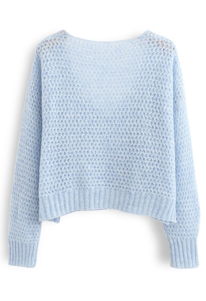 Fluffy Knit Hollow Out Crop Sweater in Blue