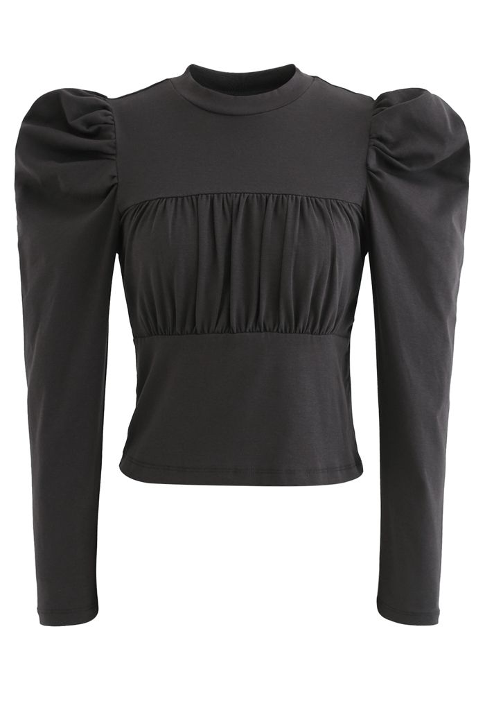 Bubble-Sleeve Shirred Fitted Top in Smoke