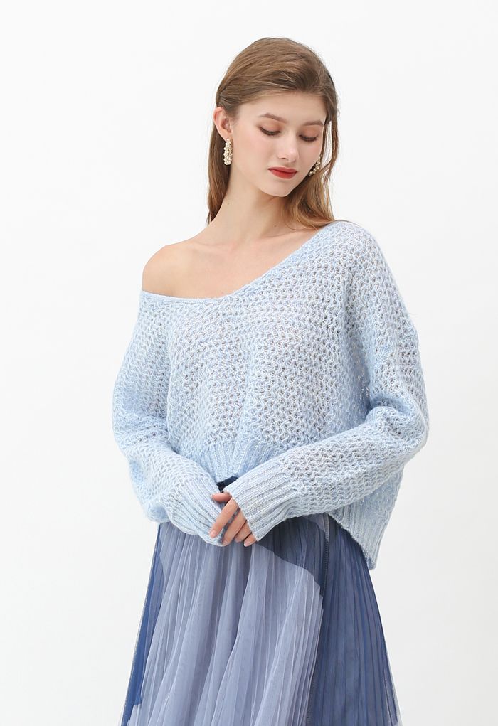 Fluffy Knit Hollow Out Crop Sweater in Blue