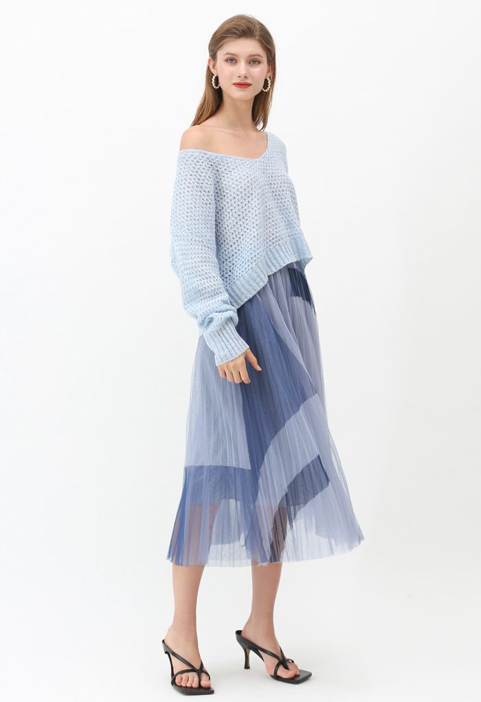 Color Block Double-Layered Mesh Skirt in Dusty Blue - Retro, Indie and ...