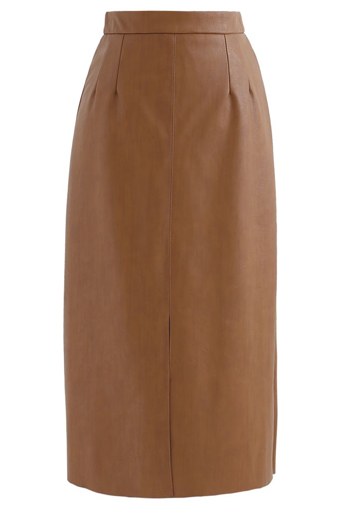 Vent Hem Faux Leather Pencil Skirt in Caramel - Retro, Indie and Unique ...