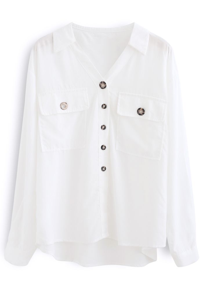 Flap Pockets Button Down Shirt in White