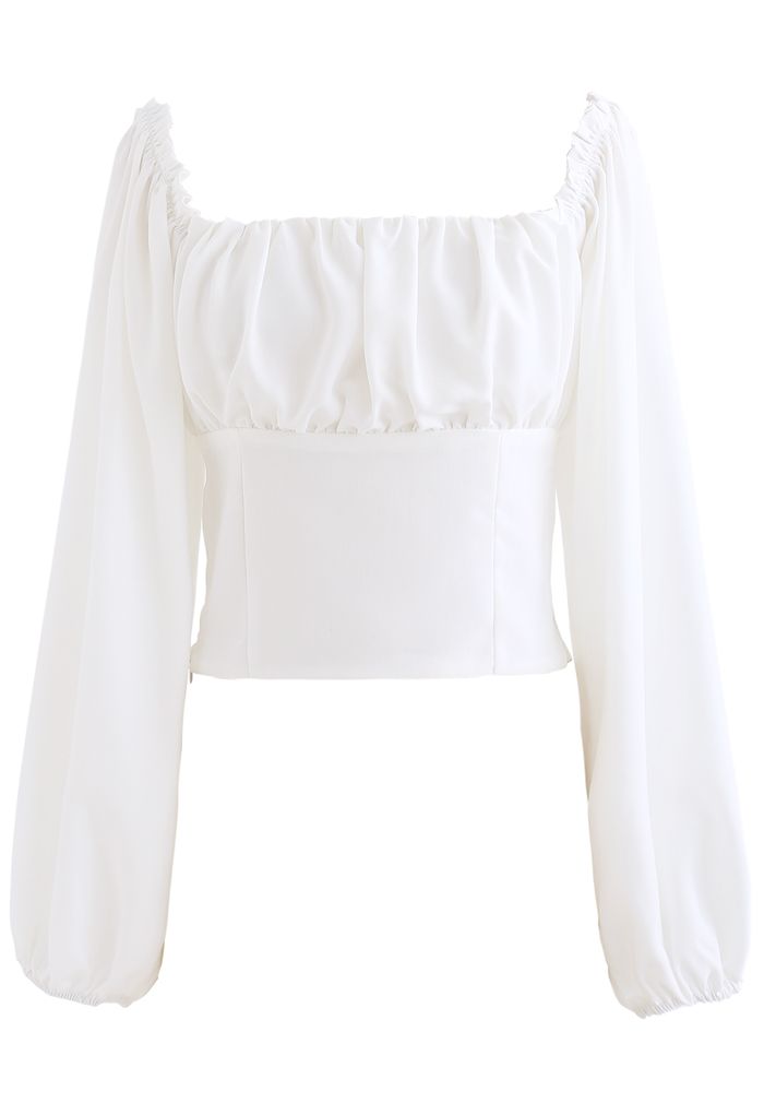 Ruched Bust Shirred Puff Sleeve Crop Top in White - Retro, Indie and ...