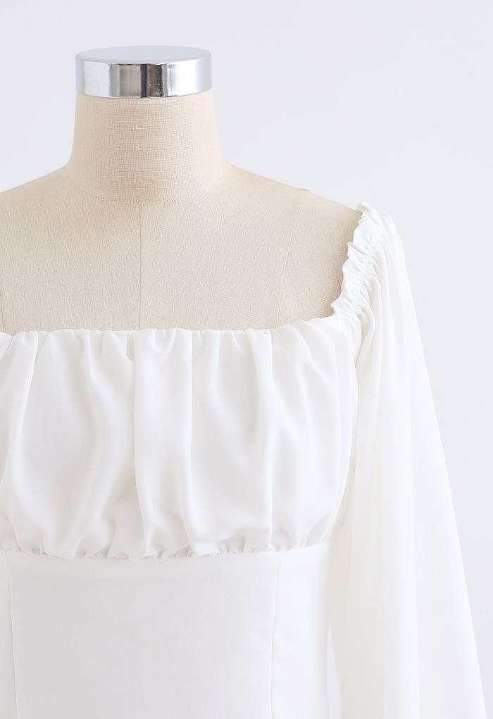 Ruched Bust Shirred Puff Sleeve Crop Top in White