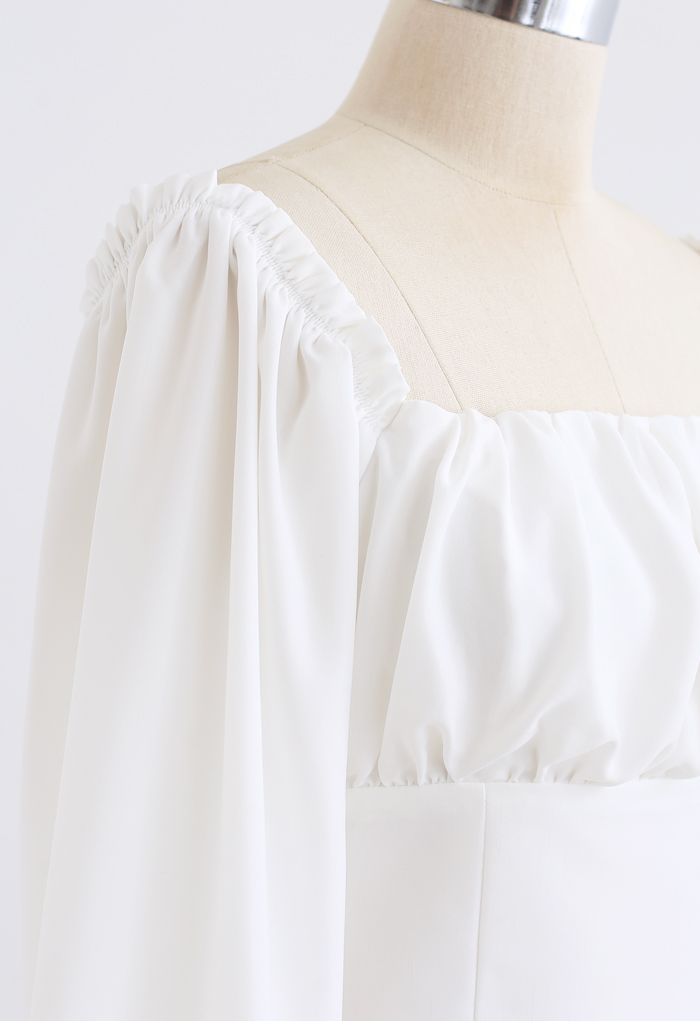 Ruched Bust Shirred Puff Sleeve Crop Top in White