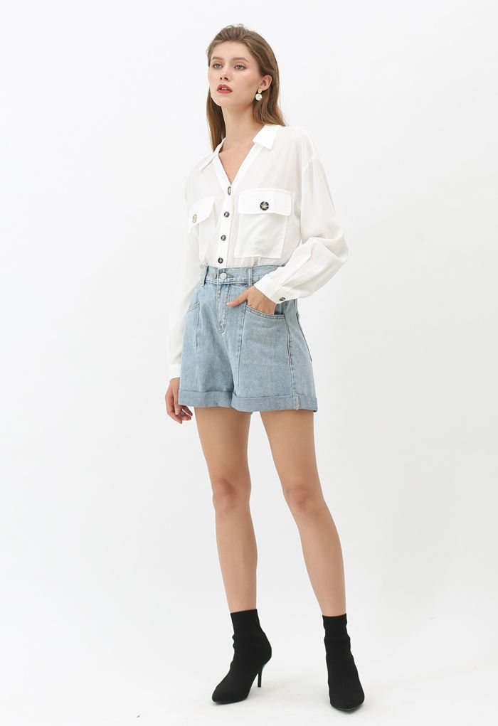 Flap Pockets Button Down Shirt in White