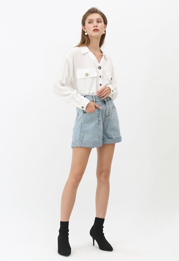 Flap Pockets Button Down Shirt in White