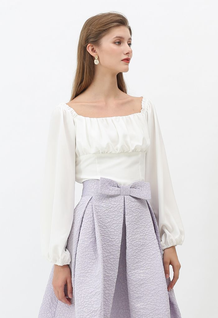 Ruched Bust Shirred Puff Sleeve Crop Top in White