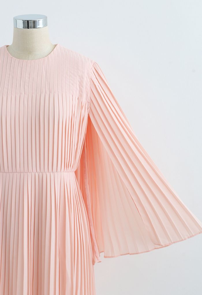 Solid Pink Cape Sleeves Pleated Dress