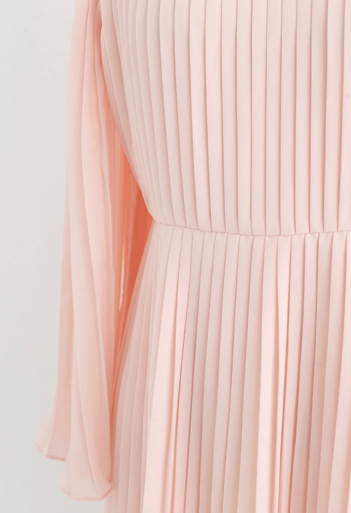 Solid Pink Cape Sleeves Pleated Dress