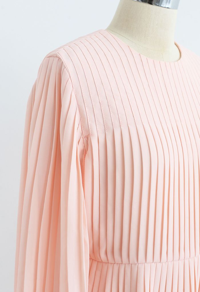 Solid Pink Cape Sleeves Pleated Dress