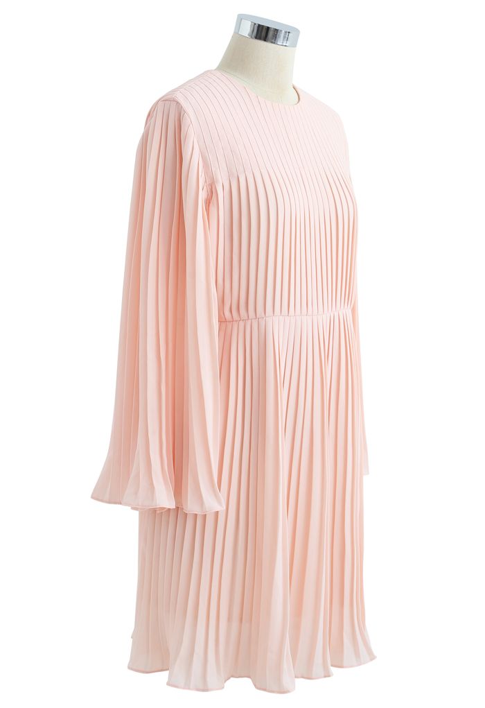 Solid Pink Cape Sleeves Pleated Dress