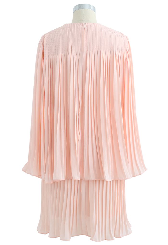 Solid Pink Cape Sleeves Pleated Dress