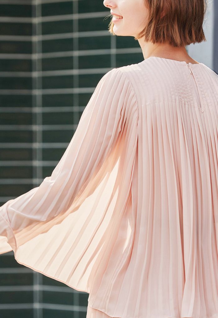 Solid Pink Cape Sleeves Pleated Dress