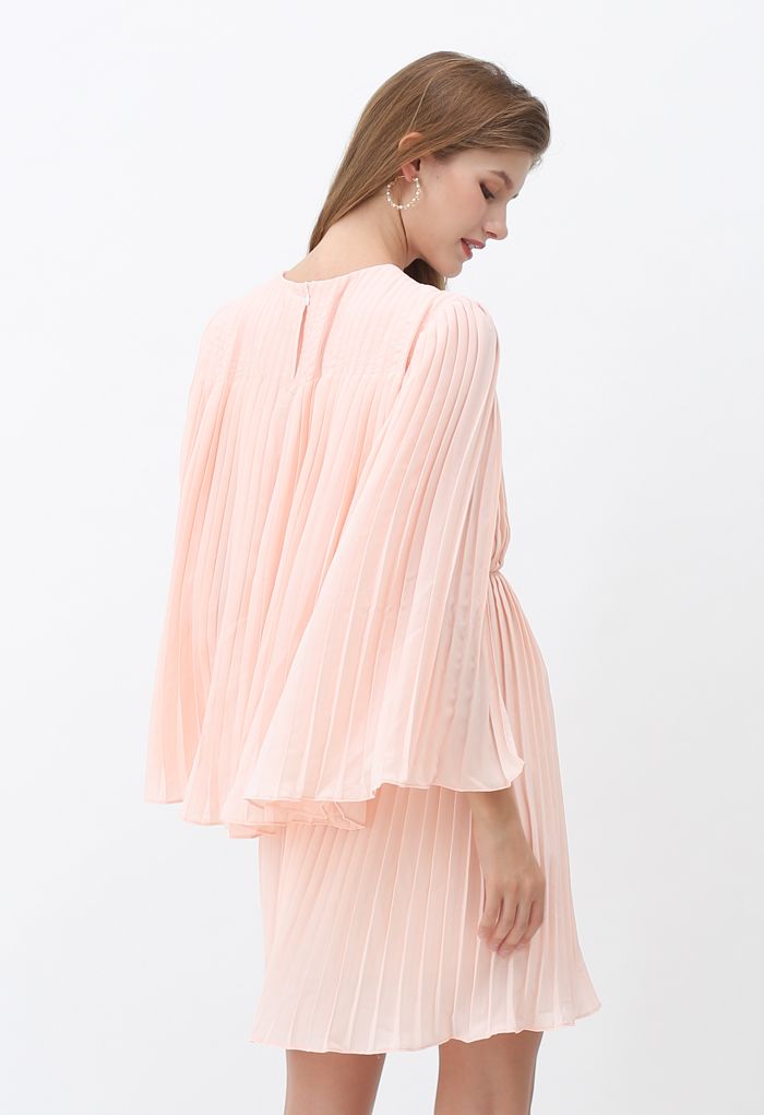 Solid Pink Cape Sleeves Pleated Dress