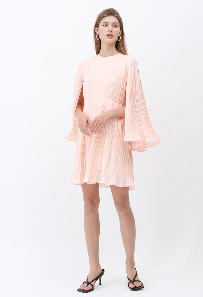 Solid Pink Cape Sleeves Pleated Dress