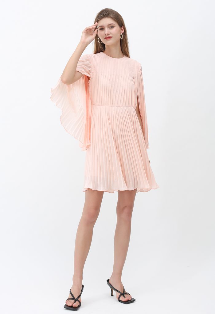 Solid Pink Cape Sleeves Pleated Dress