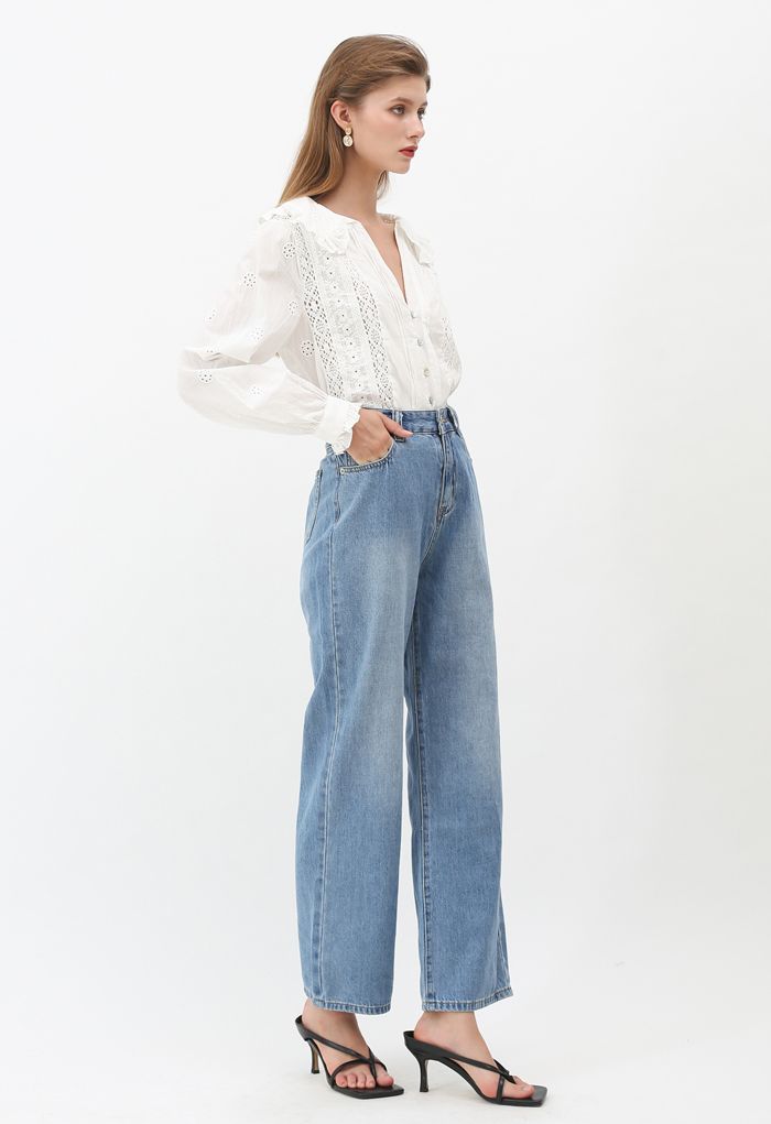 Braid Detail Straight-Leg Jeans in Blue - Retro, Indie and Unique Fashion