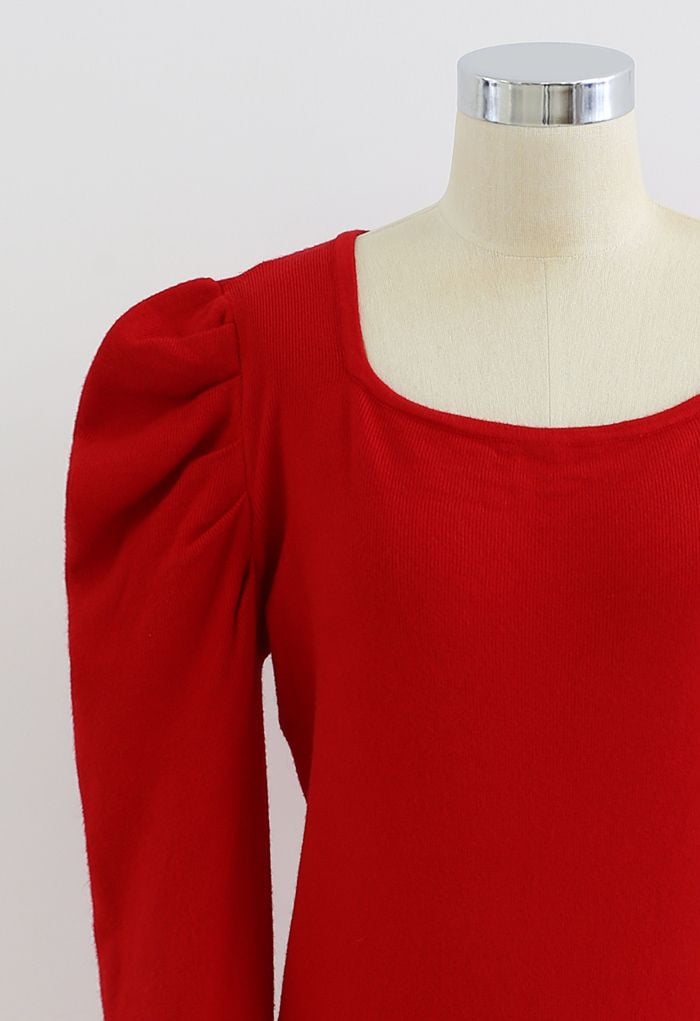 Square Neck Bubble Sleeves Knit Top in Red