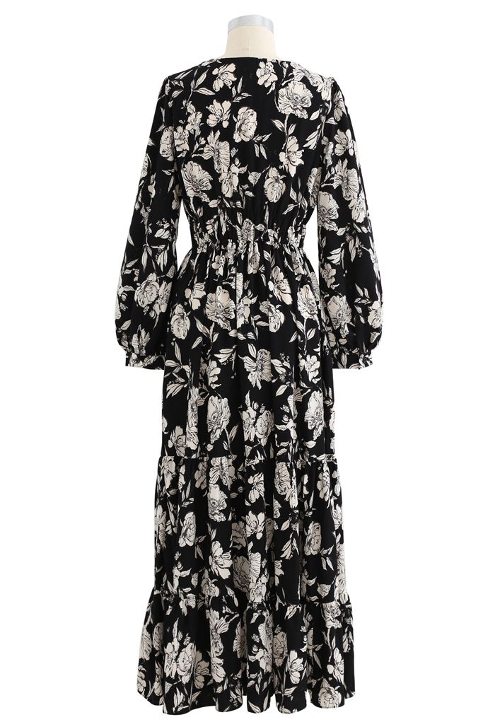Floral Print Wrap Ruffle Maxi Dress in Black - Retro, Indie and Unique ...