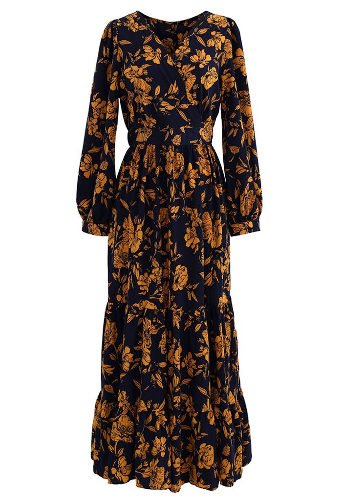 Floral Print Wrap Ruffle Maxi Dress in Navy - Retro, Indie and Unique ...