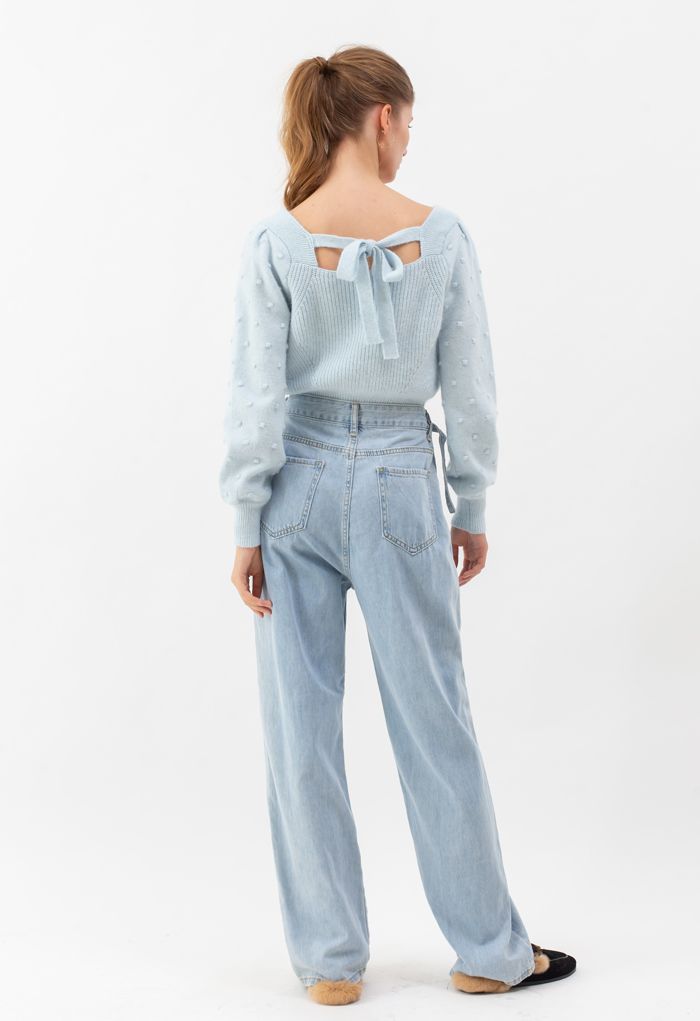 Belted Pocket Unique Jeans Blue - Light Wide-Leg Fashion in Indie Retro, and