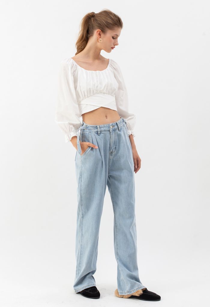 Belted Wide-Leg Pocket - in Unique Fashion and Jeans Retro, Light Blue Indie