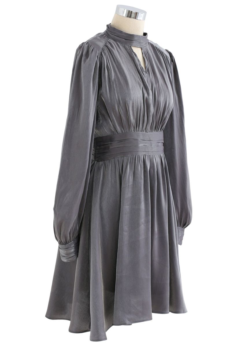 Shiny High Neck Pleated Dress in Grey - Retro, Indie and Unique Fashion