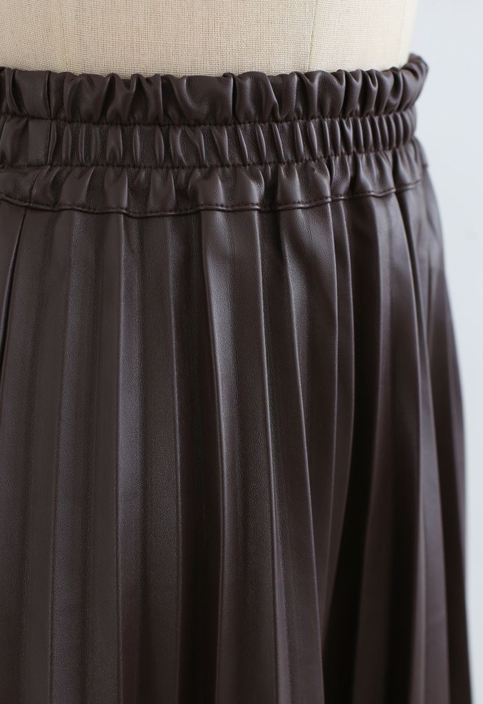Faux Leather Pleated A-Line Midi Skirt in Brown - Retro, Indie and ...