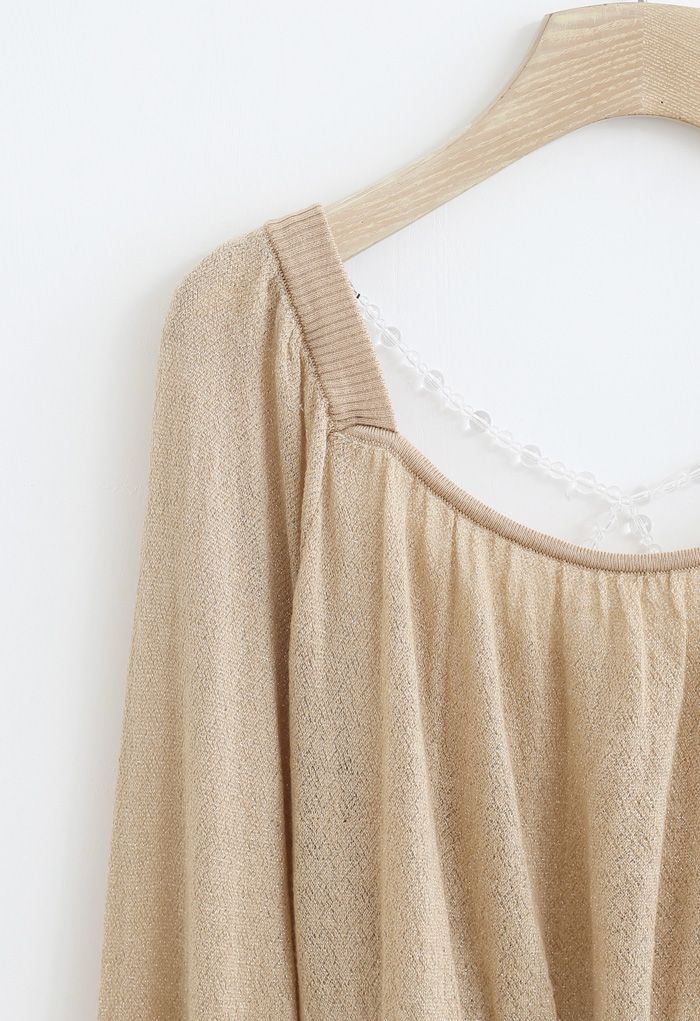 Crisscross Pearl Square Neck Crop Knit Top in Camel - Retro, Indie and ...