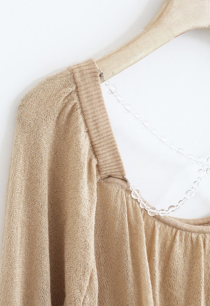 Crisscross Pearl Square Neck Crop Knit Top in Camel - Retro, Indie and ...