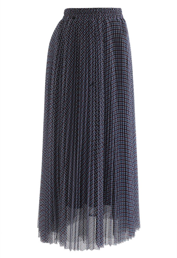 Gingham Double-Layered Pleated Mesh Midi Skirt in Navy - Retro, Indie ...