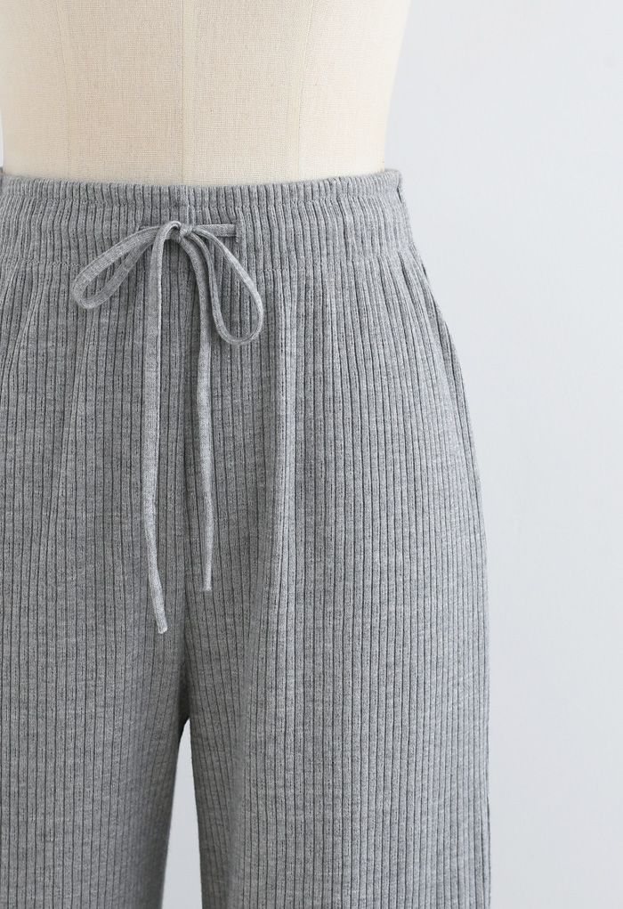 Cropped Wide-Leg Drawstring Knit Pants in Grey - Retro, Indie and ...