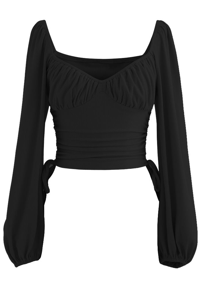Side Drawstring Sweetheart Neck Crop Top in Black - Retro, Indie and ...