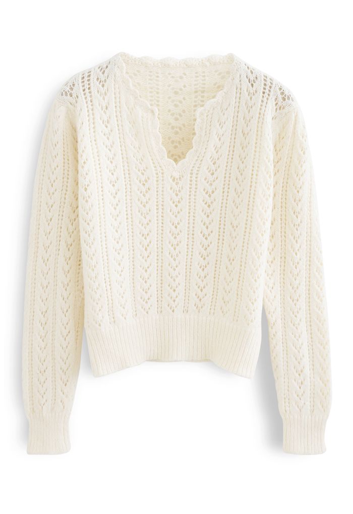 V-Neck Hollow Out Soft Touch Knit Sweater in Cream - Retro, Indie and ...