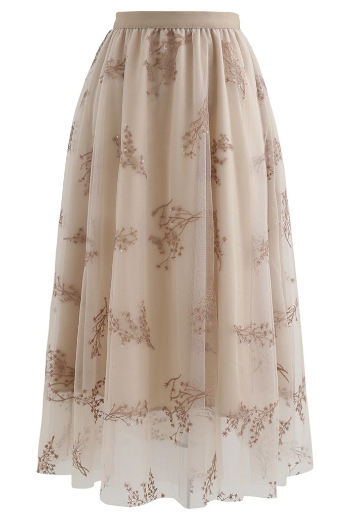 Sequins Embroidered Bouquet Mesh Midi Skirt in Tan - Retro, Indie and ...