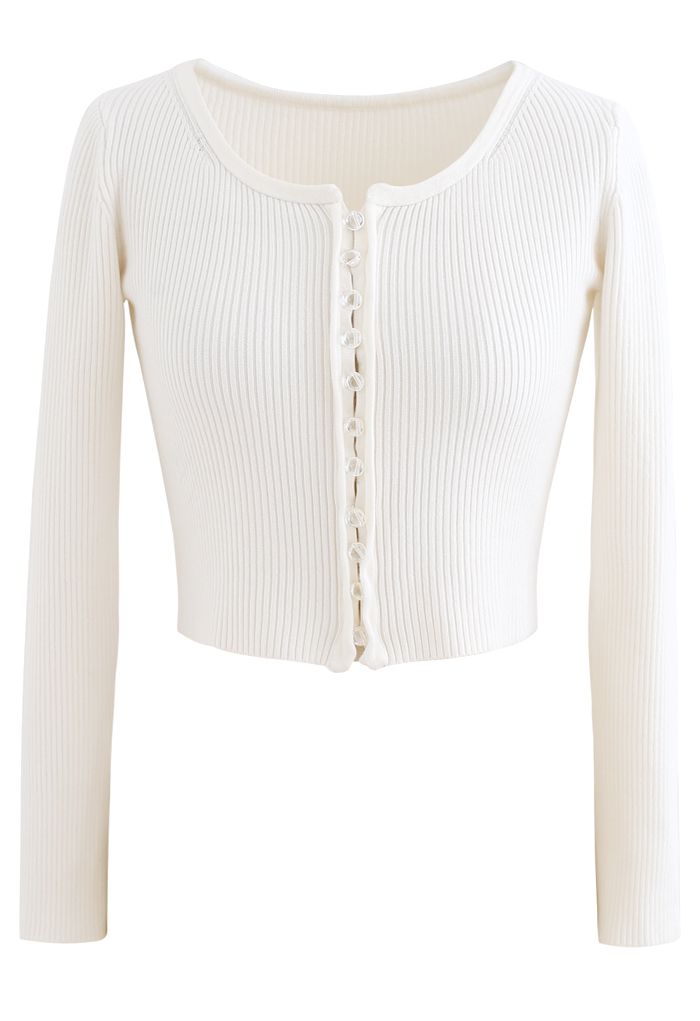 Ribbed Knit Buttoned Crop Top in White - Retro, Indie and Unique Fashion