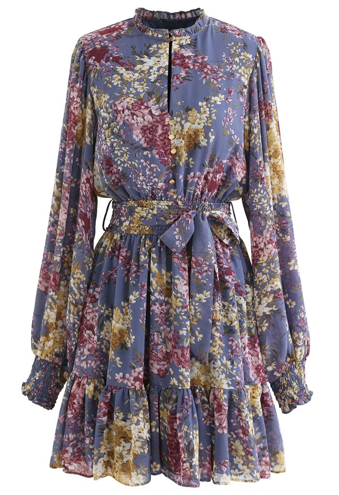 Flying Petals Print Puff Sleeves Ruffle Dress in Lavender