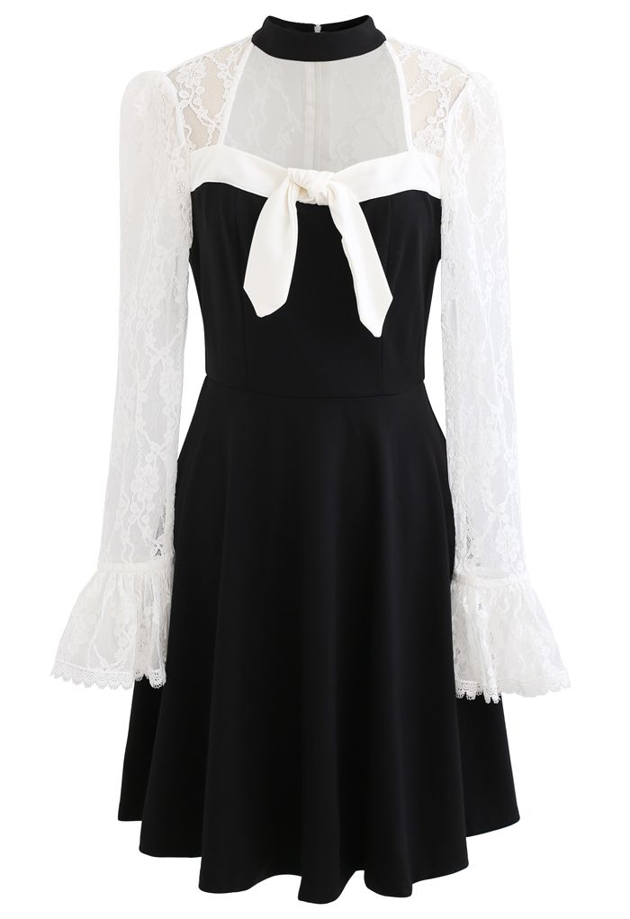 Lace Panel Bowknot Halter Flare Dress - Retro, Indie and Unique Fashion