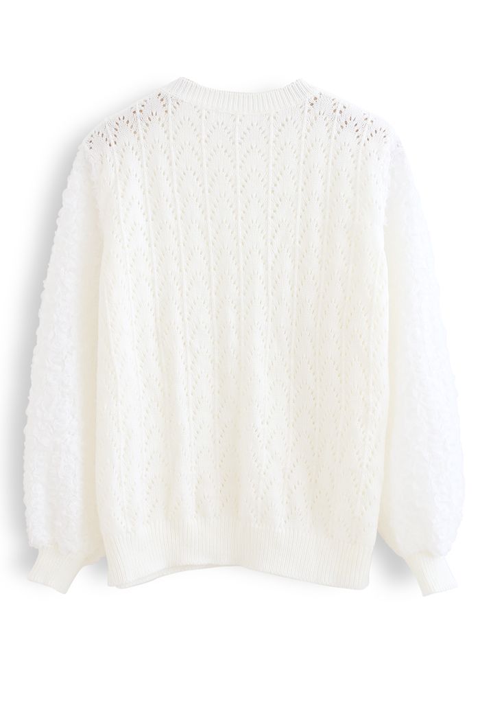 3D Flower Lace Sleeves Eyelet Knit Sweater in White - Retro, Indie and ...