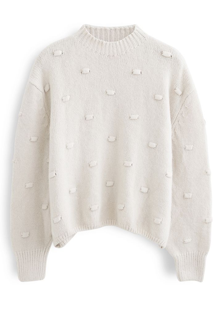 3D Dot High Neck Knit Sweater in Cream - Retro, Indie and Unique Fashion