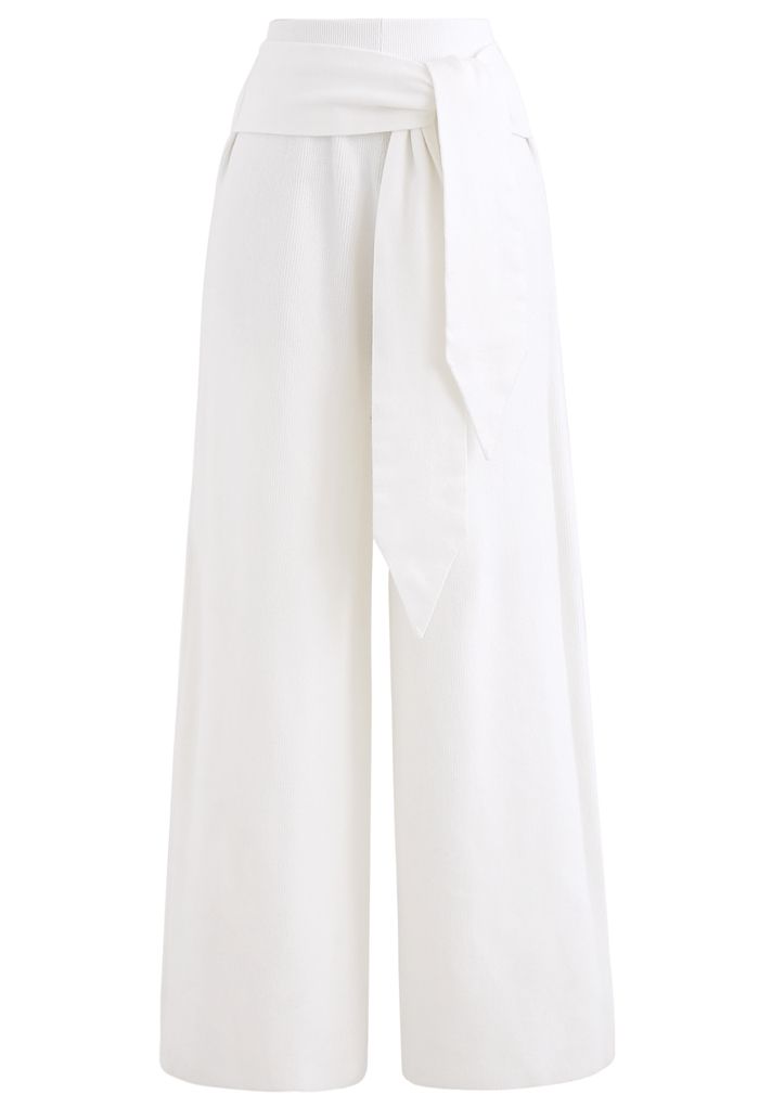 Self-Tie Waist Knit Wide-Leg Pants in White - Retro, Indie and Unique ...