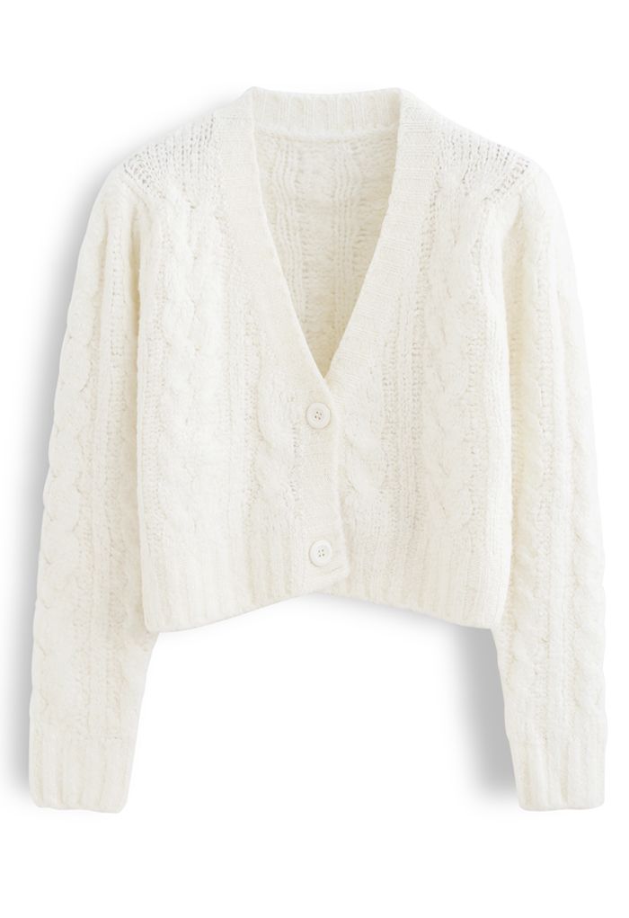 V-Neck Fuzzy Knit Crop Cardigan in Ivory - Retro, Indie and Unique Fashion