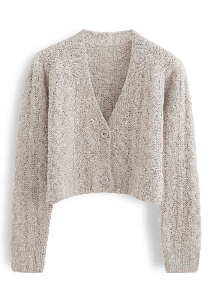 V-Neck Fuzzy Knit Crop Cardigan in Taupe - Retro, Indie and Unique Fashion