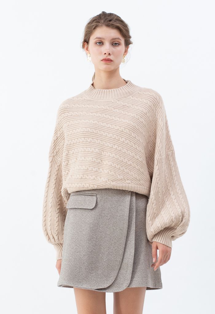 Batwing Sleeves Braid Knit Sweater in Tan - Retro, Indie and Unique Fashion